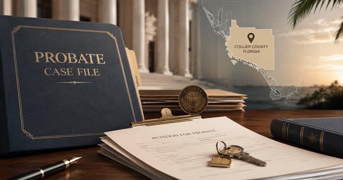 A Collier County, Florida probate case file and a Petition for Probate document on a desk with house keys, set against courthouse columns and a map of Collier County