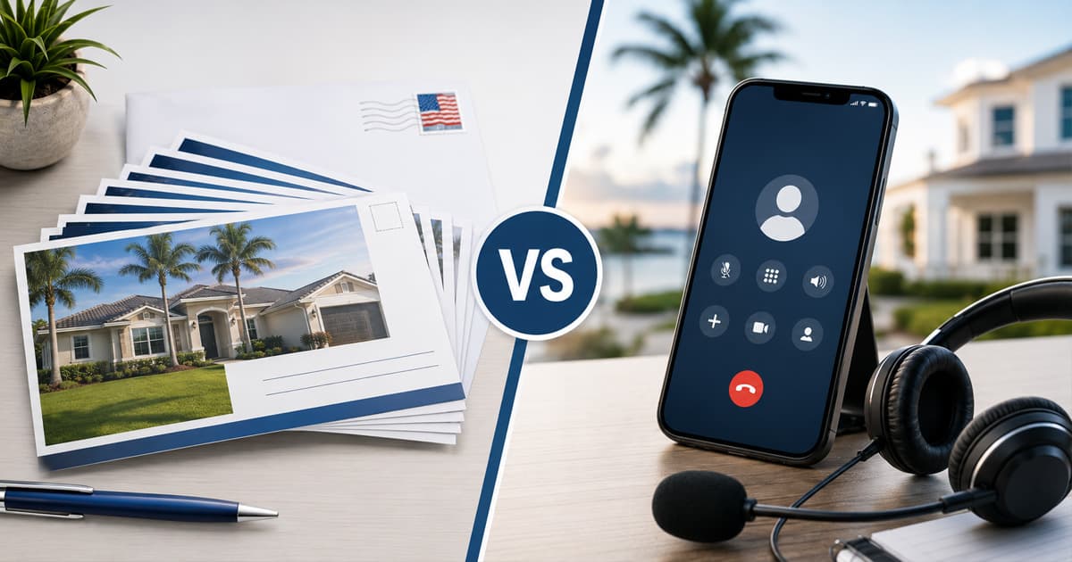 Direct mail versus cold calling for Florida real estate motivated seller leads — a stack of postcards beside a smartphone.