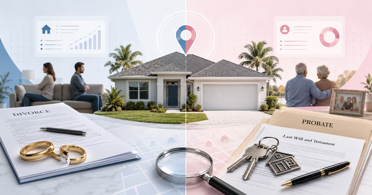 Split graphic comparing Florida divorce and probate real estate leads: a divorce petition with broken wedding rings on the left, a will and house keys on the right, and a Florida home with a map pin in the center.