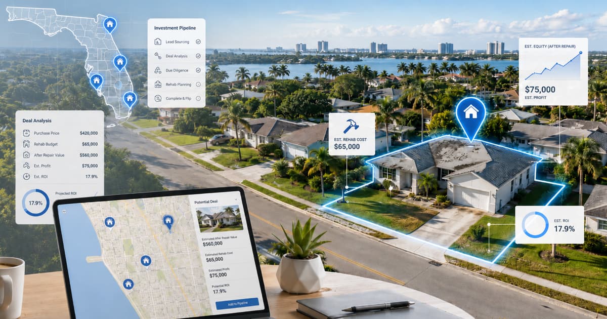 Real estate investor reviewing a Florida fix-and-flip deal checklist beside a dated 1980s home awaiting renovation