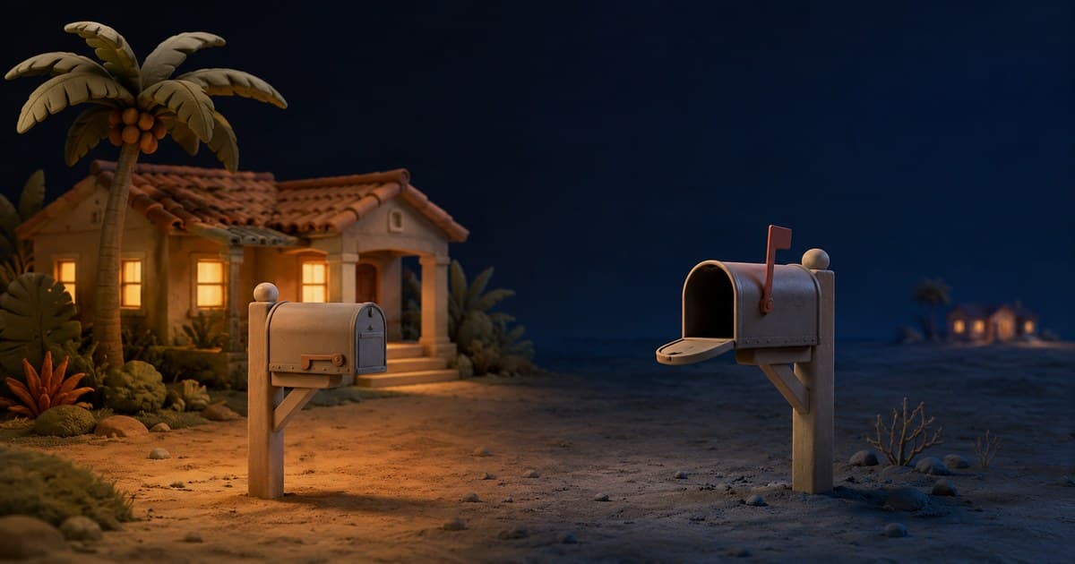 Two Florida mailboxes side by side, one at a home and one forwarding out of state, illustrating absentee property ownership