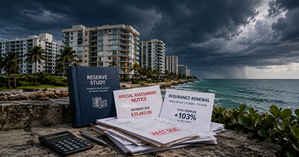 A Florida coastal condominium tower beside a foreclosure notice, illustrating the 2026 reserve-cliff foreclosure wave
