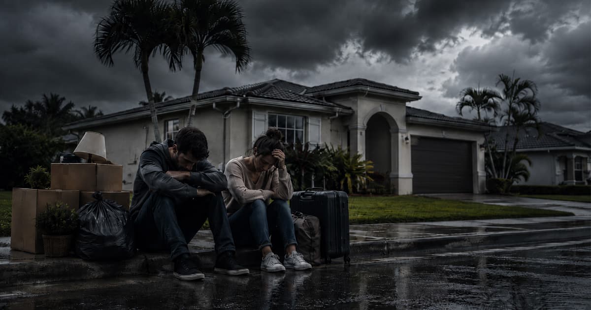 A young couple sit dejected on a wet curb with their belongings after an eviction — cardboard moving boxes, a black trash bag, and a suitcase — outside a palm-lined Florida home under a dark, stormy sky