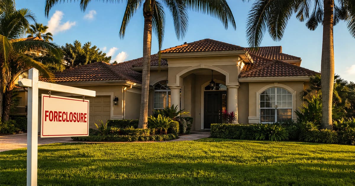 Florida stucco home with palm trees and a Foreclosure sign at golden hour