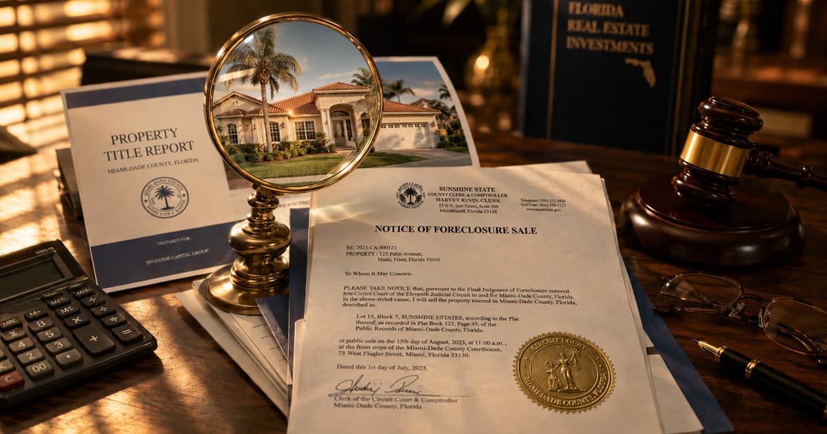 A brass magnifying glass magnifies a photo of a Florida home, resting on a property title report and a Notice of Foreclosure Sale, beside a wooden auction gavel and a calculator on a warm-lit desk