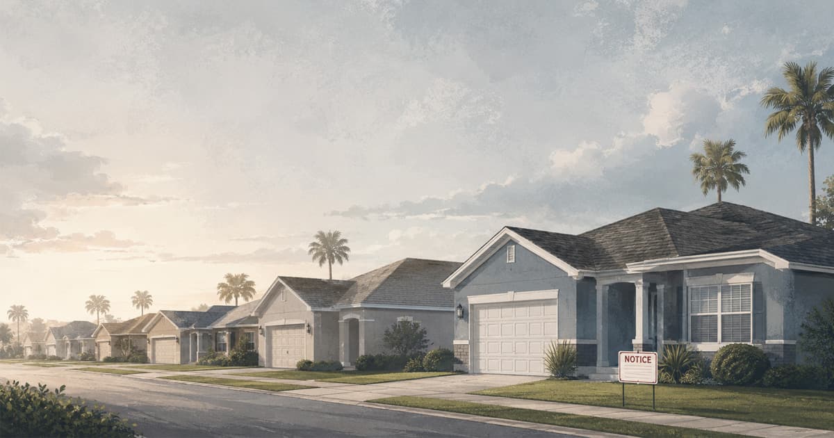 Florida suburban homes with a foreclosure notice, illustrating the 2026 Florida foreclosure surge as federal protections wind down