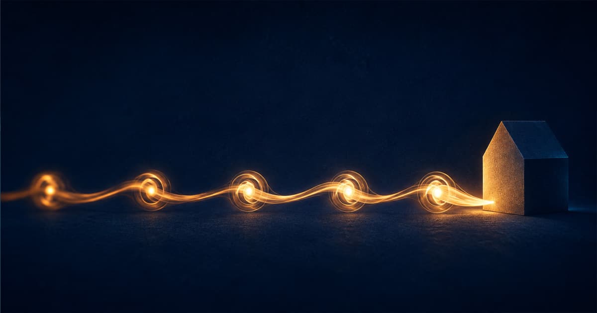 A ribbon of amber light traces five glowing points across a dark field toward a slate-blue house, representing the stages of a Florida estate from obituary to property transfer.
