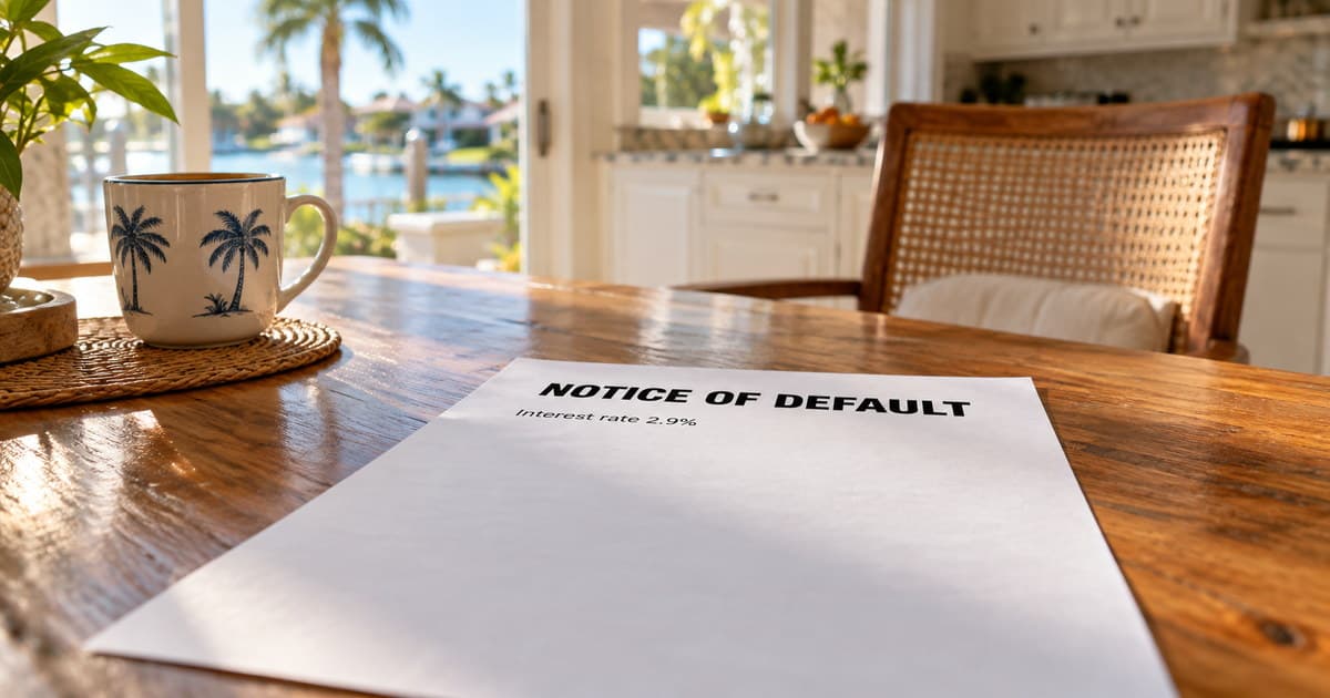 A notice of default lying on a sunlit Florida kitchen table, showing an interest rate of 2.9 percent, with a coffee cup and a waterfront view behind it