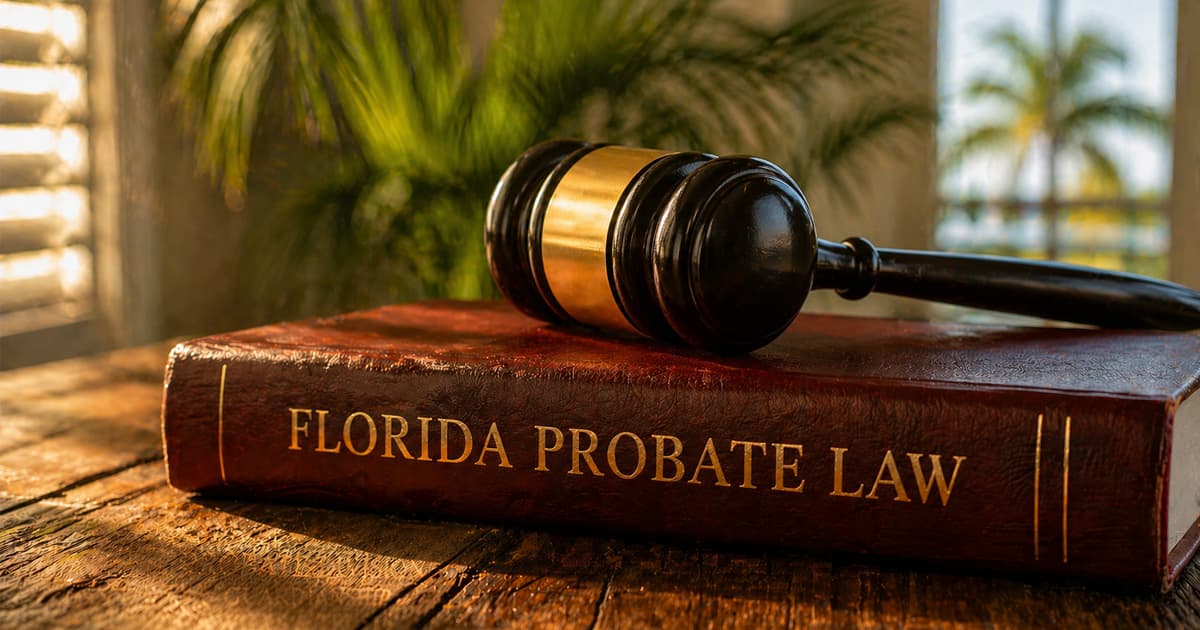 Deep red Florida Probate Law book with a wooden judge's gavel resting on top, palm fronds visible through plantation shutters in the warm-lit background