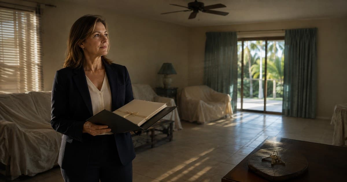 Female real estate agent holding an estate file in the living room of a vacant long-held Florida home with furniture under dust sheets
