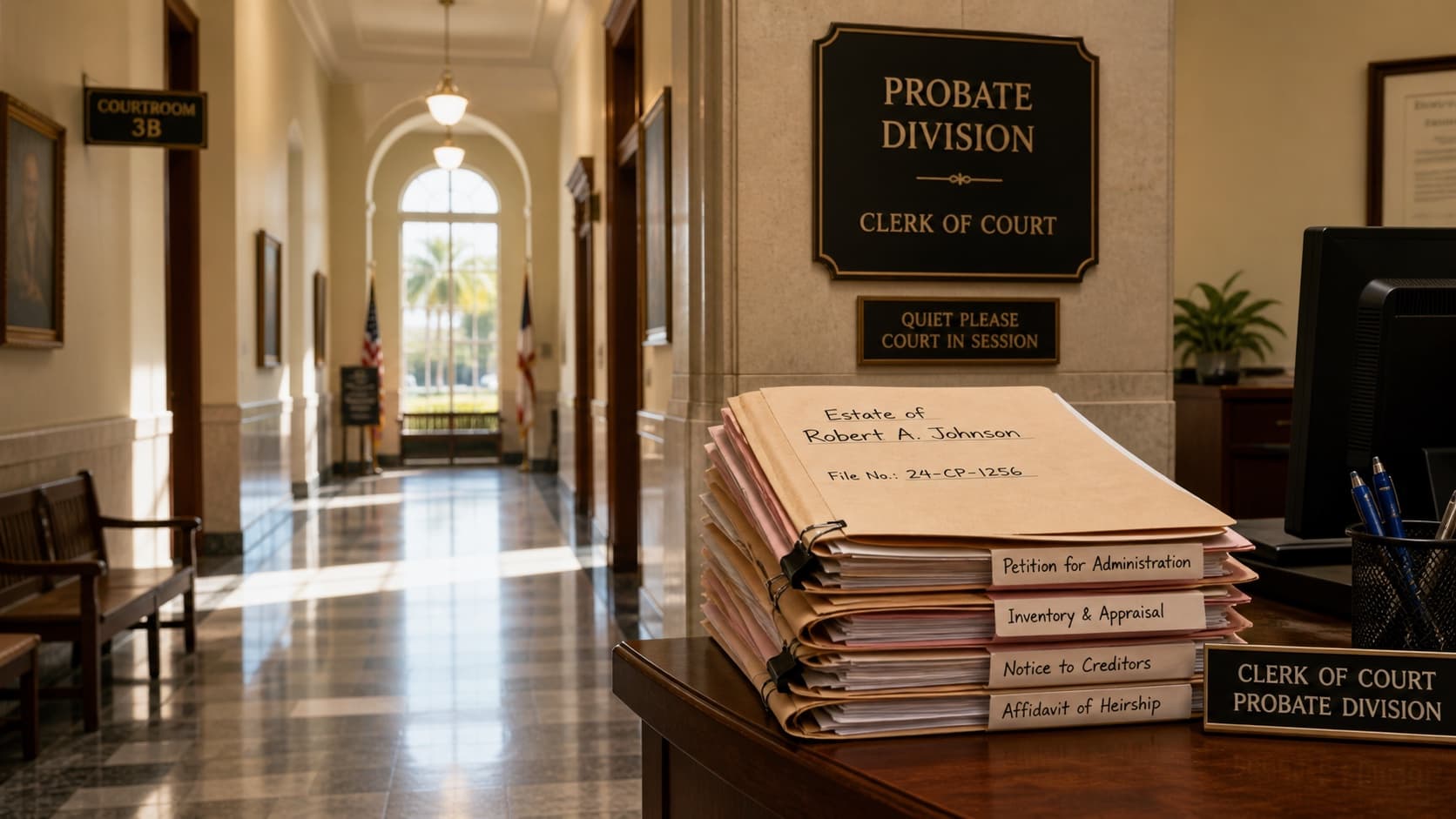 Stack of estate folders labeled Petition for Administration, Inventory and Appraisal, and Notice to Creditors on a Florida circuit court clerk's desk beneath a Probate Division sign, with a sunlit courthouse hallway visible in the background