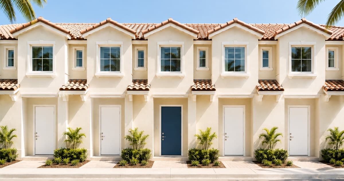Row of five identical Florida townhomes with pale stucco walls and terracotta barrel-tile roofs; four front doors are white and the centre door is slate blue, standing apart from its neighbours