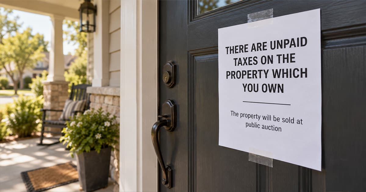 A printed public notice taped to the front door of a house, reading that there are unpaid taxes on the property which you own and the property will be sold at public auction