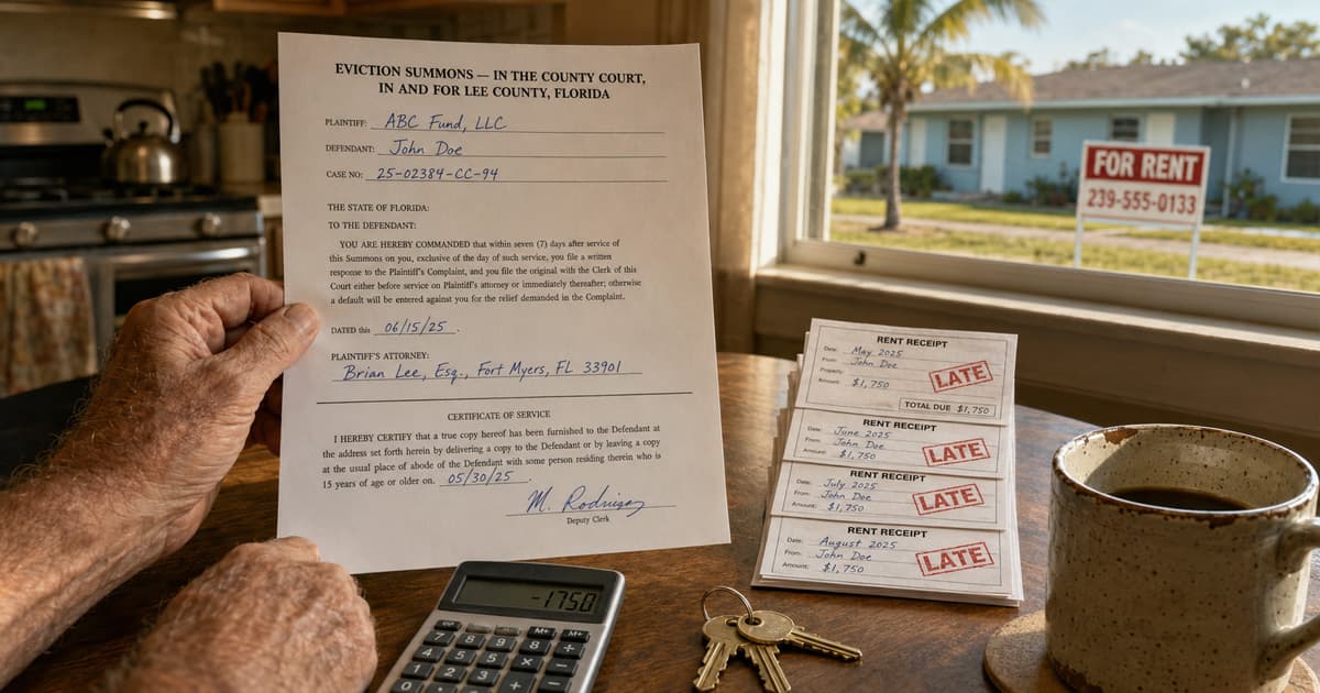 Weathered hands hold a Lee County Florida eviction summons at a kitchen table beside rent receipts stamped LATE, a calculator, a coffee mug, and house keys, with a palm-shaded duplex and FOR RENT sign visible through the window