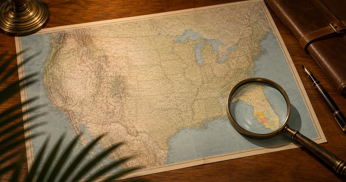 Vintage paper map of the United States laid flat on a polished wood desk with a brass magnifying glass resting over the Florida peninsula and Southwest Florida counties subtly highlighted under the glass, palm fronds in the foreground and warm lamplight