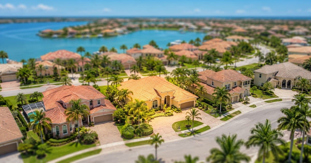 Aerial view of a Southwest Florida residential street with one home highlighted, illustrating real estate lead generation for realtors