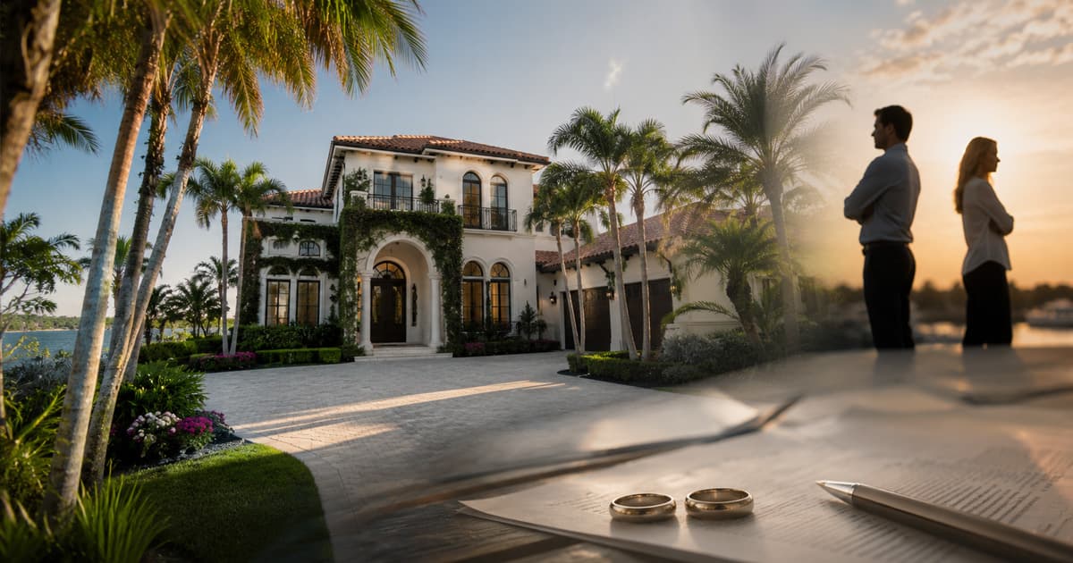 Upscale waterfront Florida home at sunset with a couple standing apart, beside divorce papers, two wedding rings, and a pen, illustrating Sarasota County real estate divorce leads for investors.