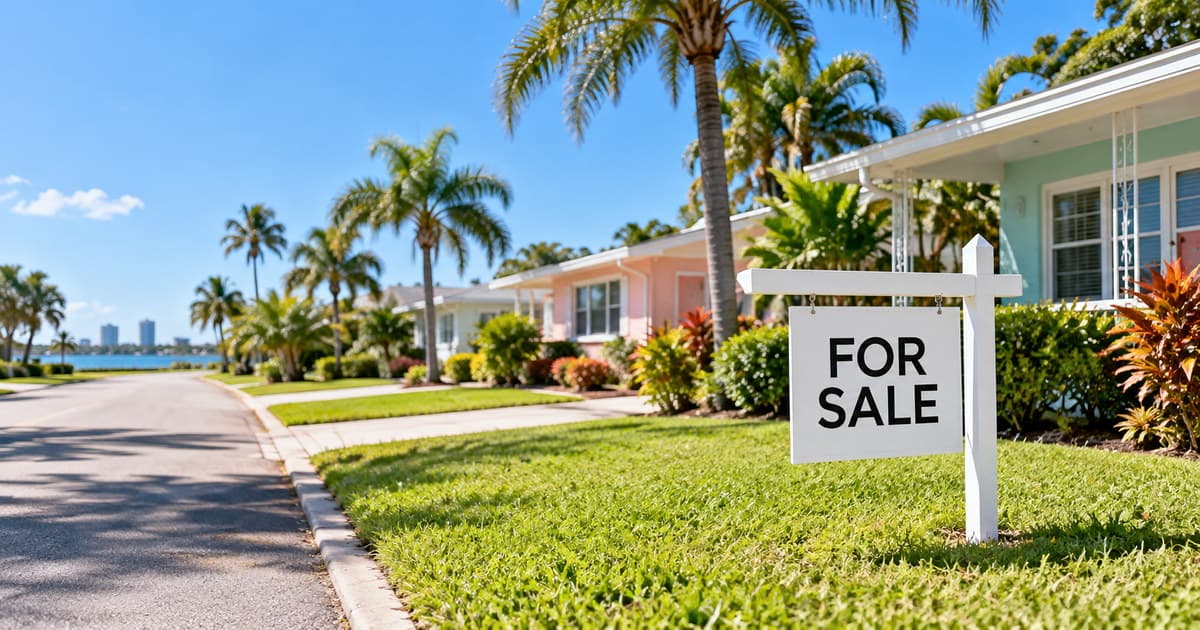 A for-sale sign on the lawn of a pastel St. Petersburg bungalow, with palms and the bay and downtown skyline visible down the street