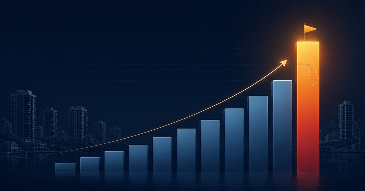 Bar chart showing Florida with the highest foreclosure rate in the nation at mid-year 2026, its bar rising tallest and marked with the state's silhouette