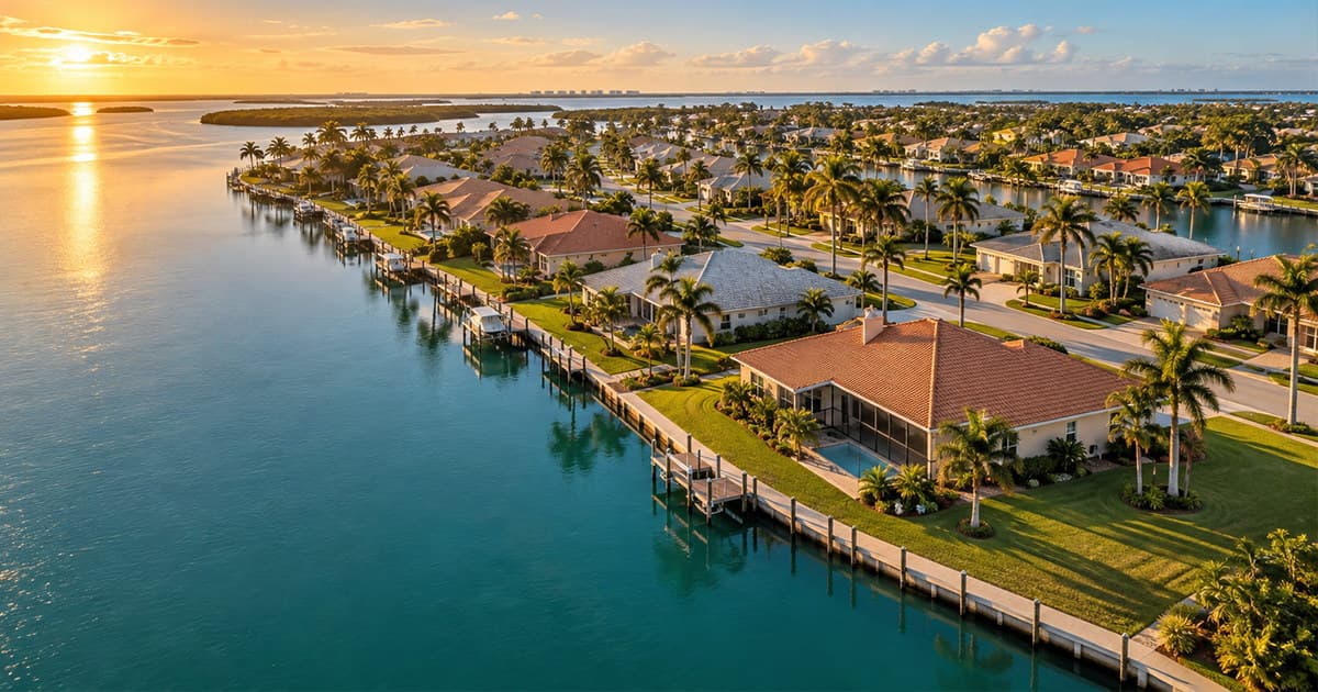 Aerial view at sunset of a Southwest Florida waterfront canal neighborhood with single-story tile-roof homes, private docks and palm trees along turquoise water