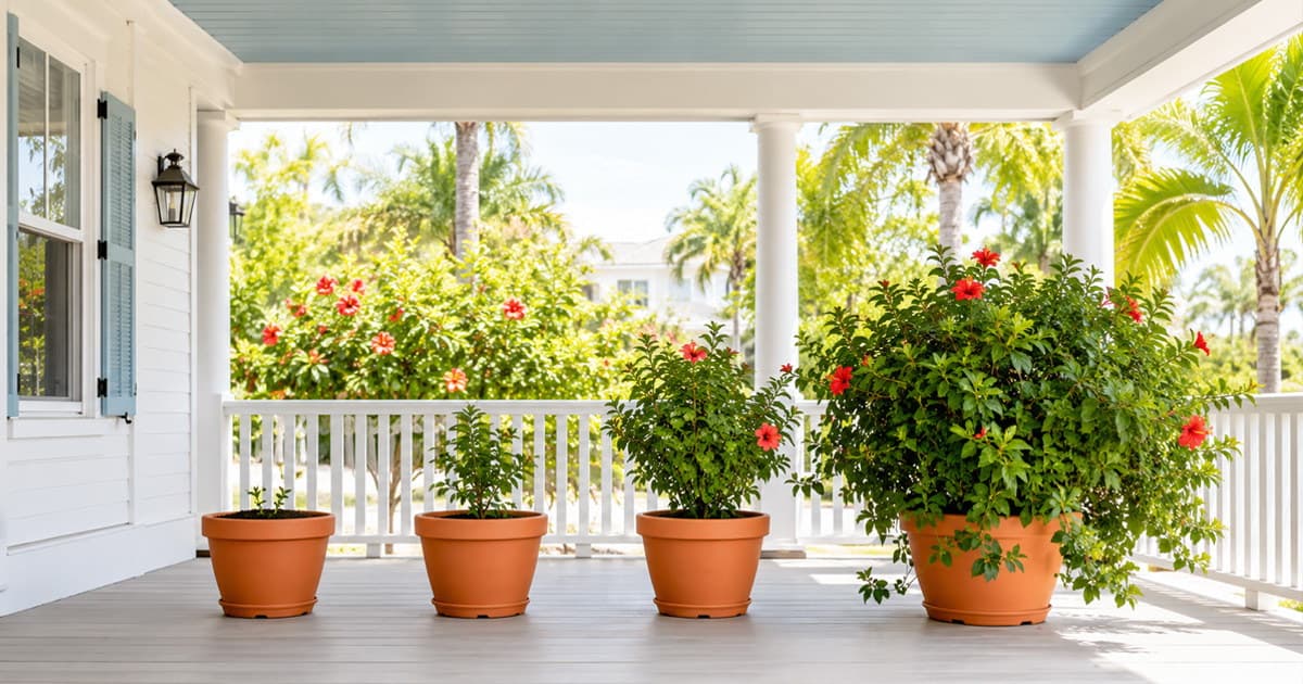 Four terracotta planters in a row on a bright white Florida porch, the plants growing progressively larger from a freshly potted seedling to a mature flowering hibiscus