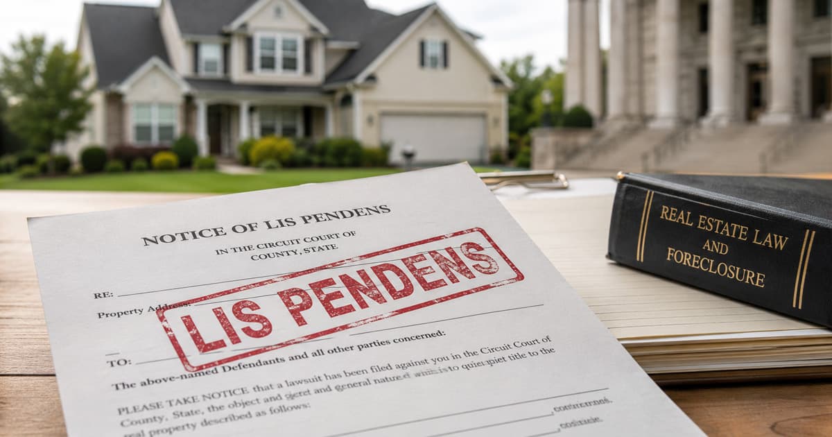 Notice of Lis Pendens court document stamped with a large red LIS PENDENS mark on a wooden desk beside a Real Estate Law and Foreclosure book, with a Florida suburban home and a county courthouse staircase in the background
