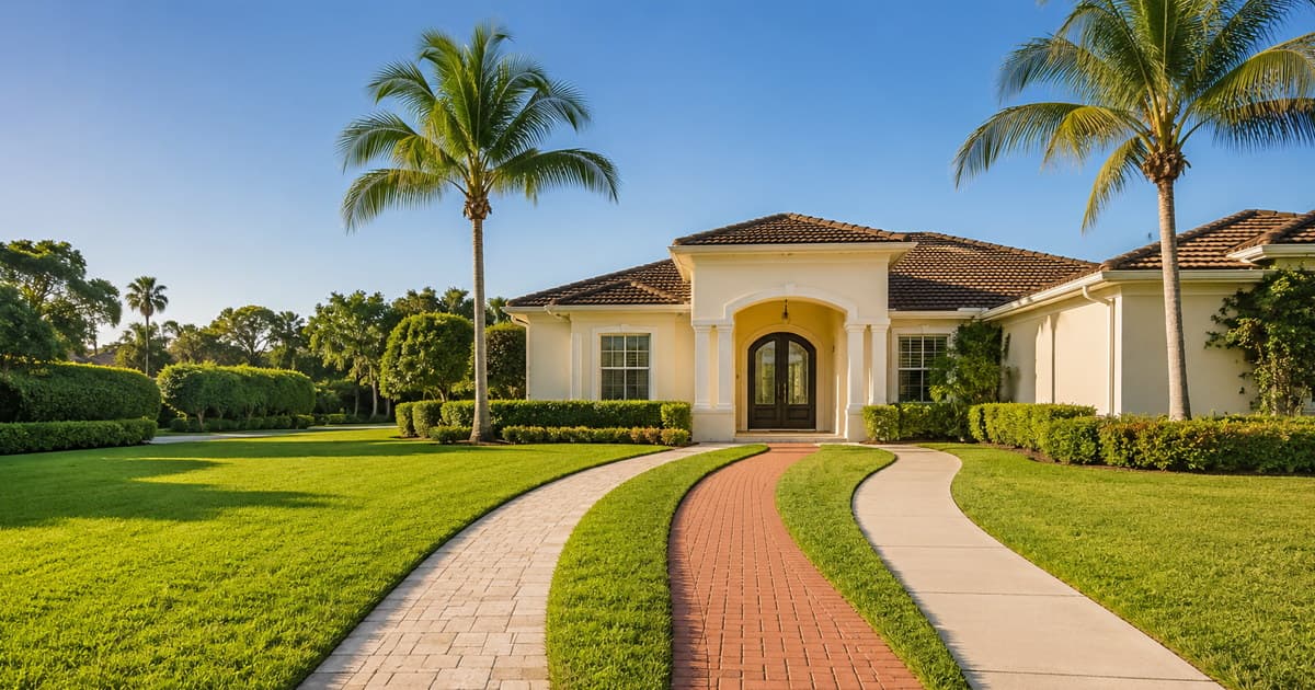Three separate walkways of stone, brick and concrete curving across a green lawn and converging on the front entry of a Florida stucco home