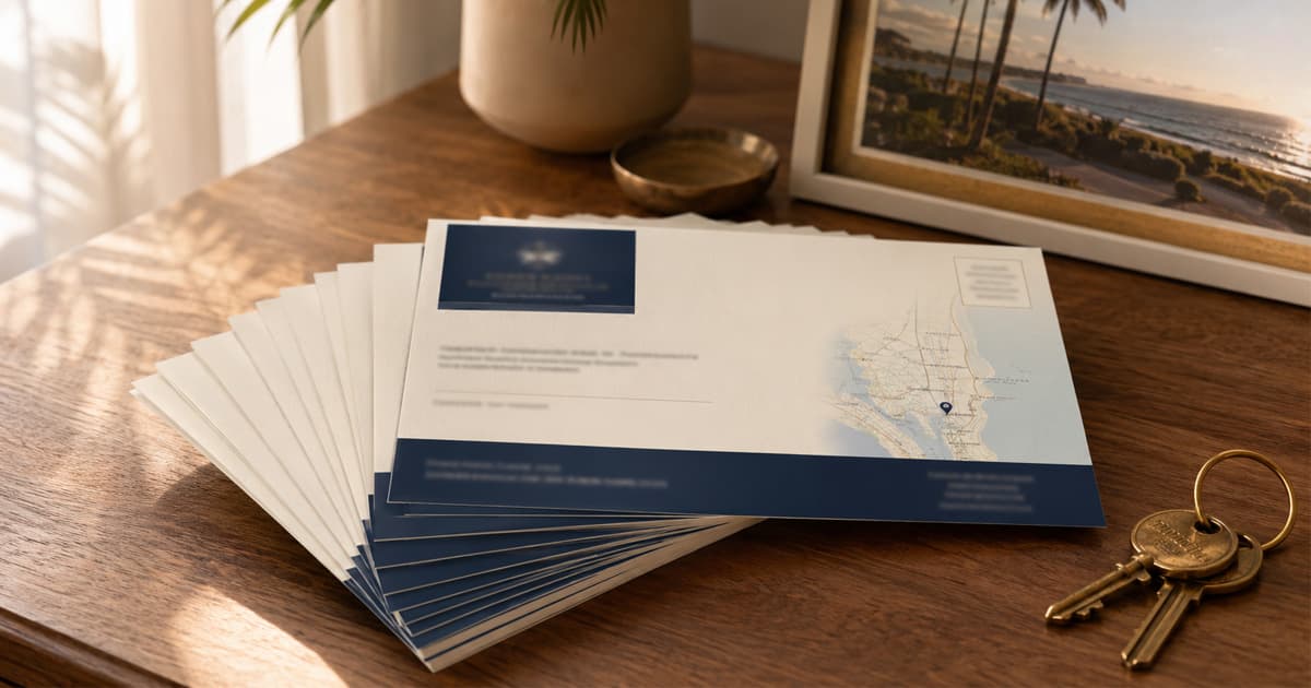 A neat fan of cream-and-navy direct mail postcards on a warm wooden desk in soft window light, suggesting a professional Florida real estate mailing workflow