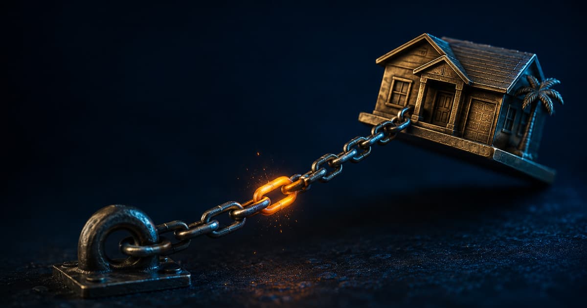 Brass model of a Florida home tethered to a ground anchor by a steel chain with one link glowing amber and breaking, symbolizing the property tax assessment cap that holds a home's taxable value down until it is sold