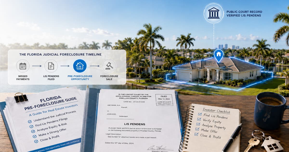 Florida pre-foreclosure buying guide — judicial foreclosure timeline from lis pendens to sale, mock court filing, investor checklist, and a Florida home with palm trees