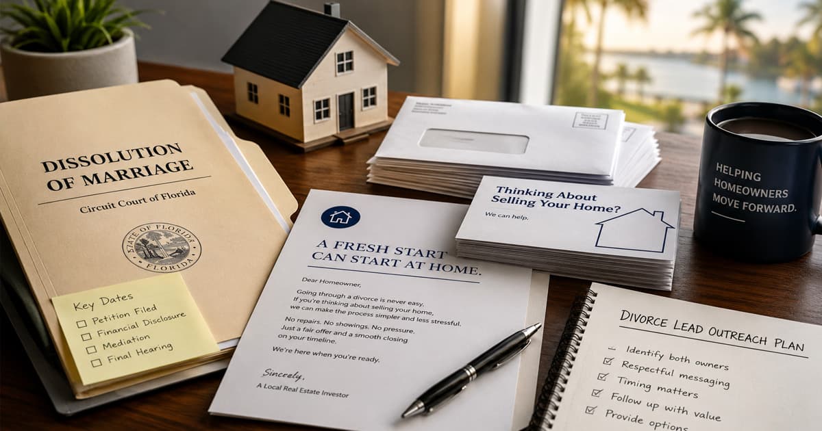 A real estate investor's desk with a neat stack of plain, professional outreach letters and postcards beside a Florida divorce case folder and a small model house in soft window light, suggesting a respectful divorce-lead direct-mail workflow.