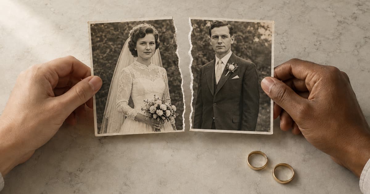 Two hands of different skin tones holding the torn halves of a vintage sepia wedding photograph above a marble surface with two gold wedding bands, illustrating a divorce-driven decision about a marital home