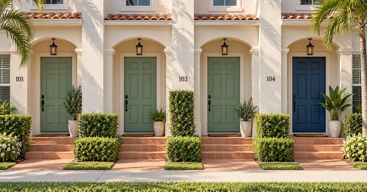 Row of four Florida townhouse front doors on a bright stucco facade, three painted sage green and the fourth navy blue